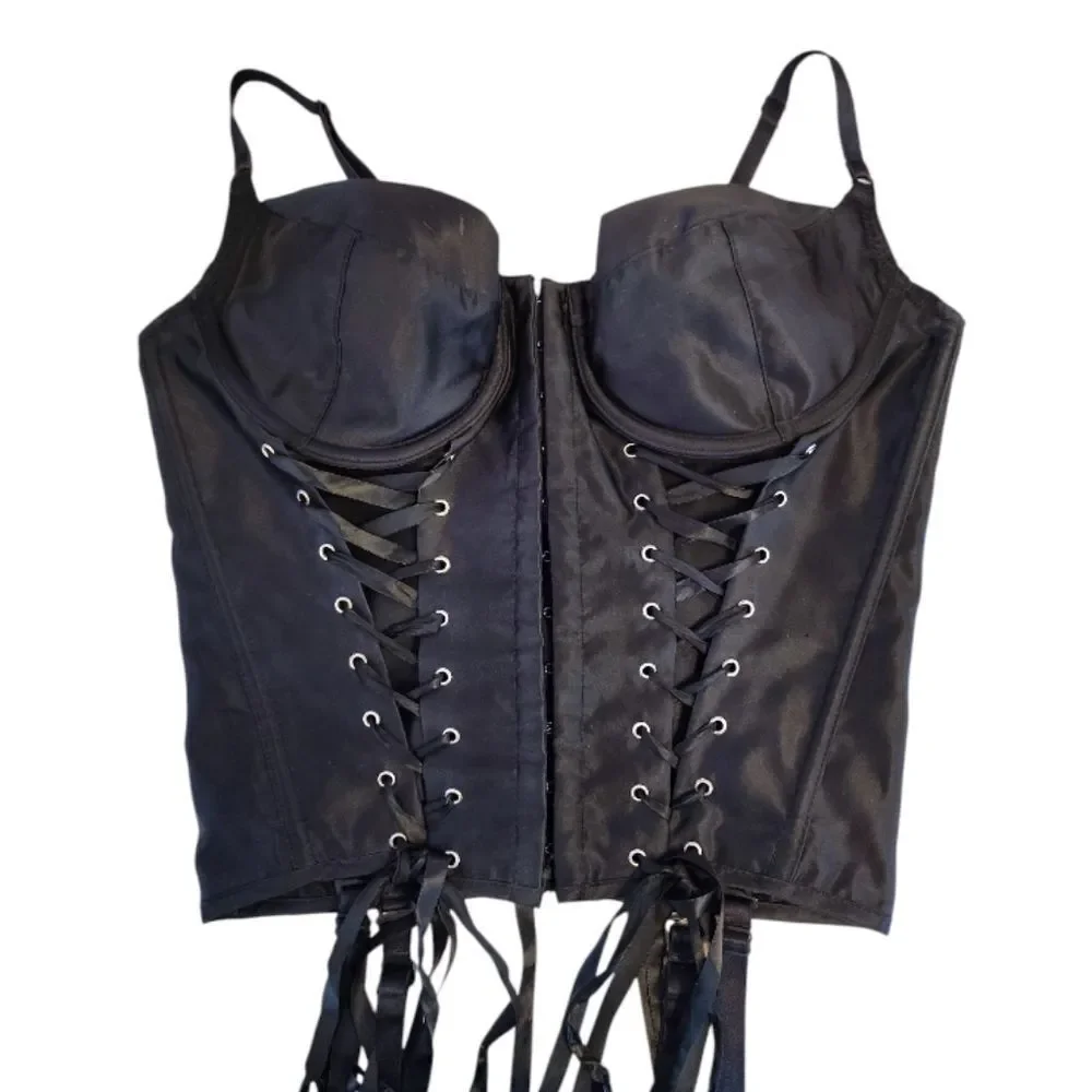 VTG Black Satin Shirley‎ Of Hollywood Lace Up Corset with Garters 38B-D